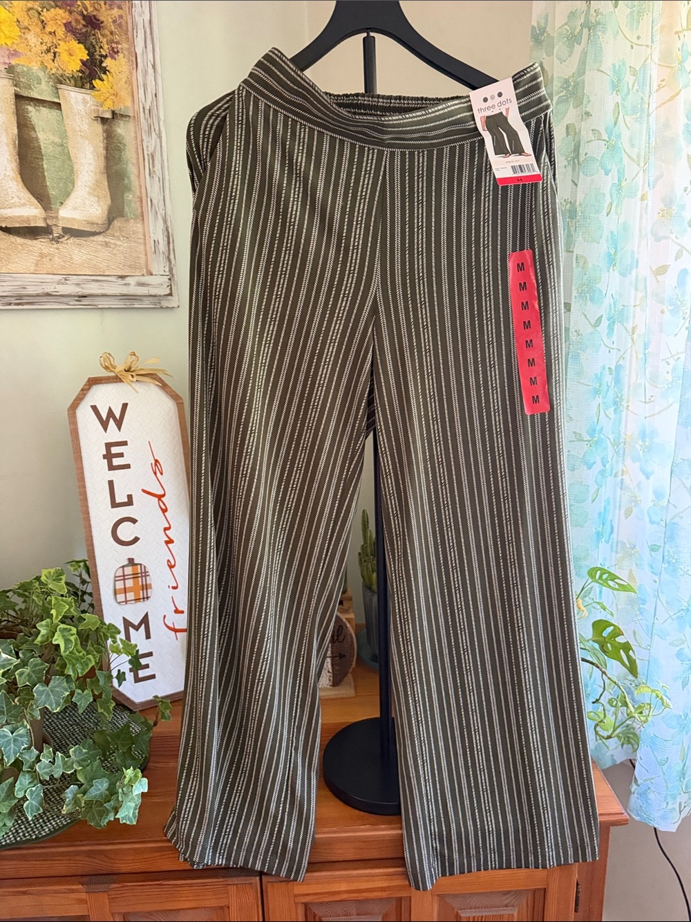 Three Dots Striped Wide Leg Pants in Green